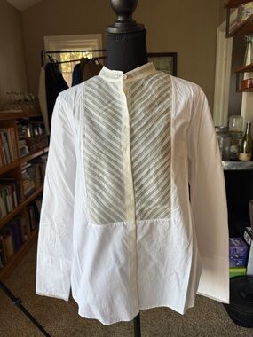 Banana Republic White Long-Sleeve Blouse with Sheer Striped Front